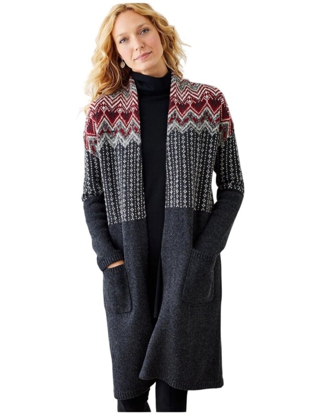 J. Jill Newbury Topper Fair Isle Wool Cotton Blend Duster Cardigan S Gray Red Op